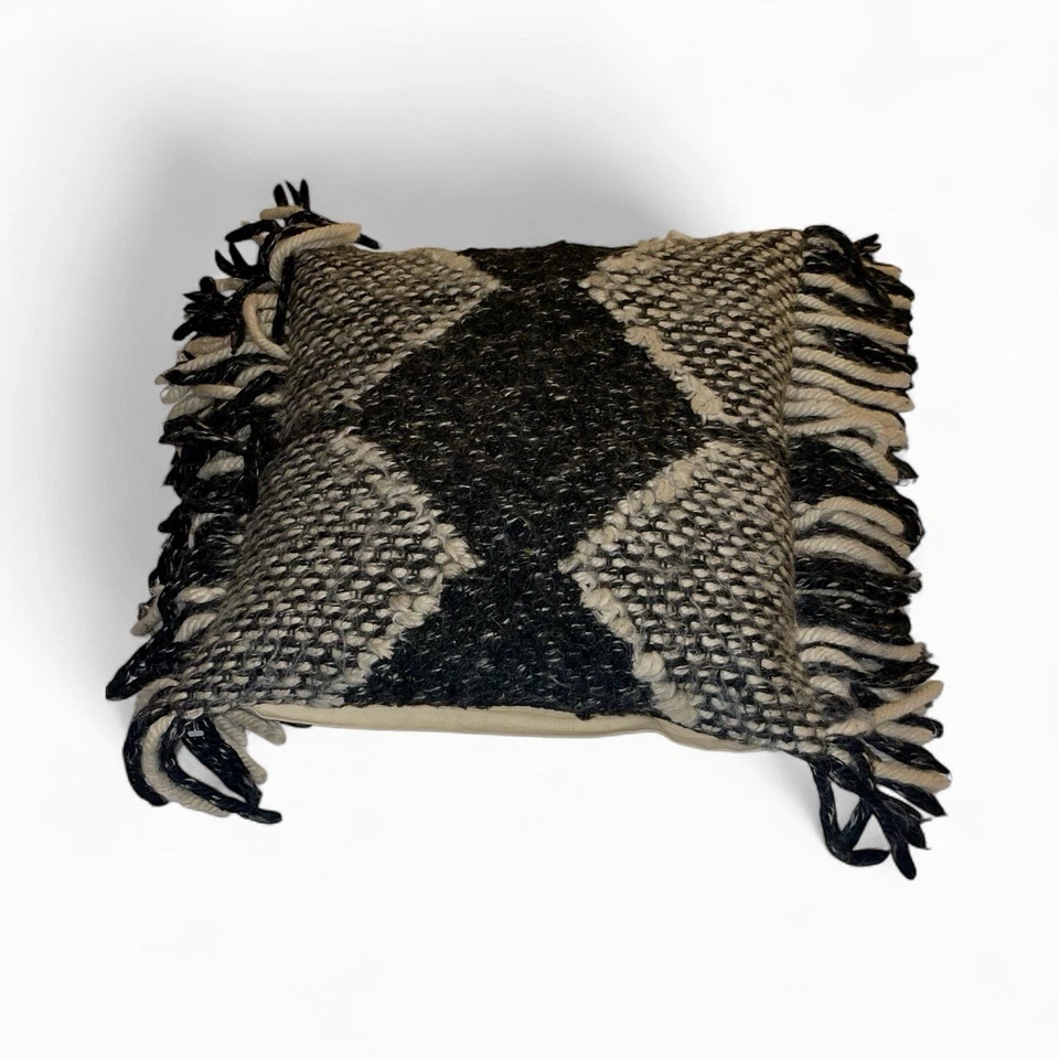 Large Boho Pillow Cover 28x20 Handwoven Black Beige Diamond Fringe Zipper - Image 2 of 4