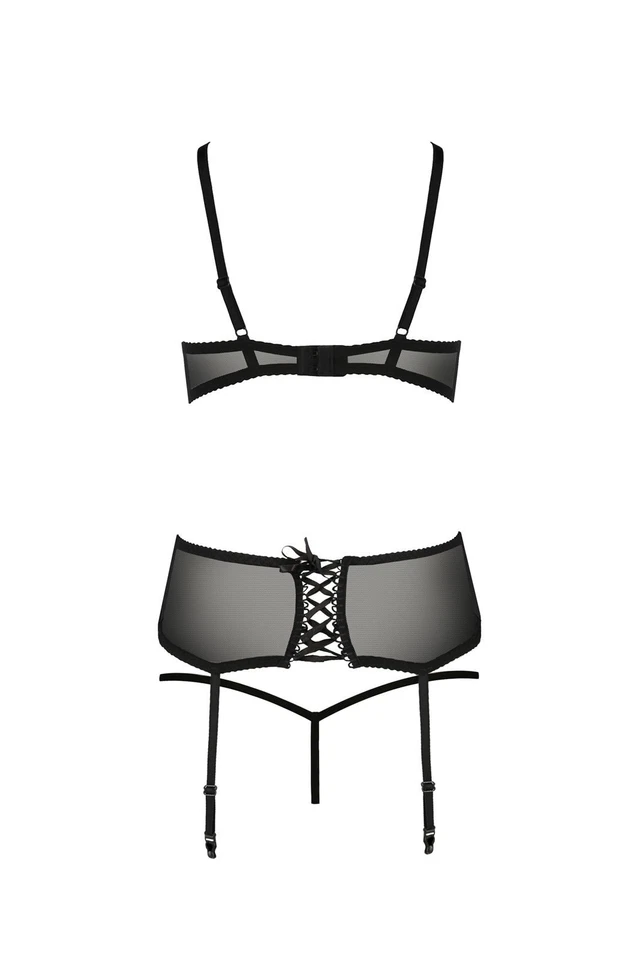 Dessous Set Aurelia schwarz mit Strapse Ouvert BH Strumpfgürtel String S M L XL - Bild 4 von 4