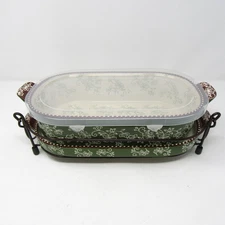 Temp-tations Floral Lace Green 2 qt Oval Baking Dish Baker Pan Trivet Wire Rack