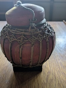 Round Antique Oriental Asian Rice Container Box Lid Woven Wicker Basket Wood 