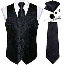 Mens Vest and Tie Set Formal Paisley Waistcoat and X-Large Black Navy Blue