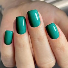Cyan Press on Nails  Short Square Fake Nails, Reusable Glossy Acrylic A02