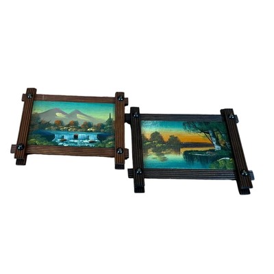 2 Acrylic Landscape Paintings Wood Arts & Crafts Frame Vintage 5.5x3.5  Art