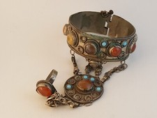 Vintage agate silverplate Tibetan bangle bracelet and ring