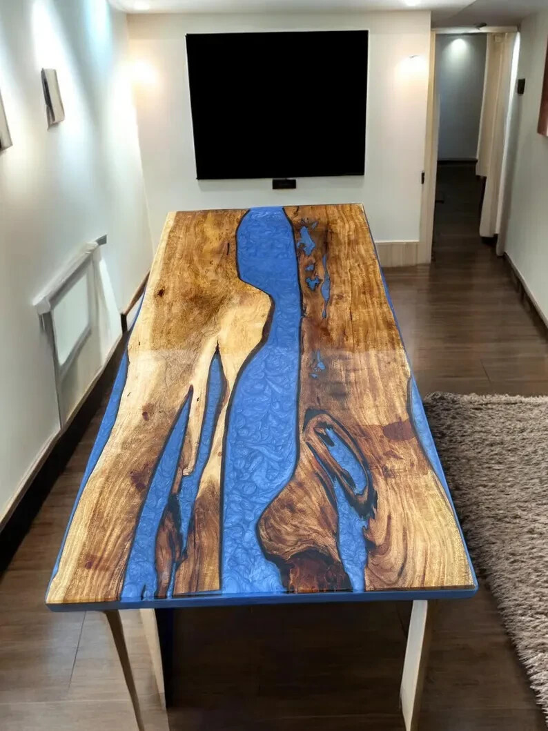 Stunning Blue Epoxy Wood Dining Table Top for Modern Dining Room Décor-image