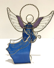 Stained Glass Angel Tea Light Candle Holder Harp Blue Silver Tone 8.25"