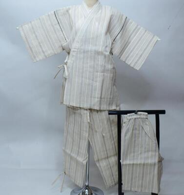 Jinbei/Men Cotton Linen 2 Pants Set M/L Size 85% Cotton 15% Linen Beige Striped
