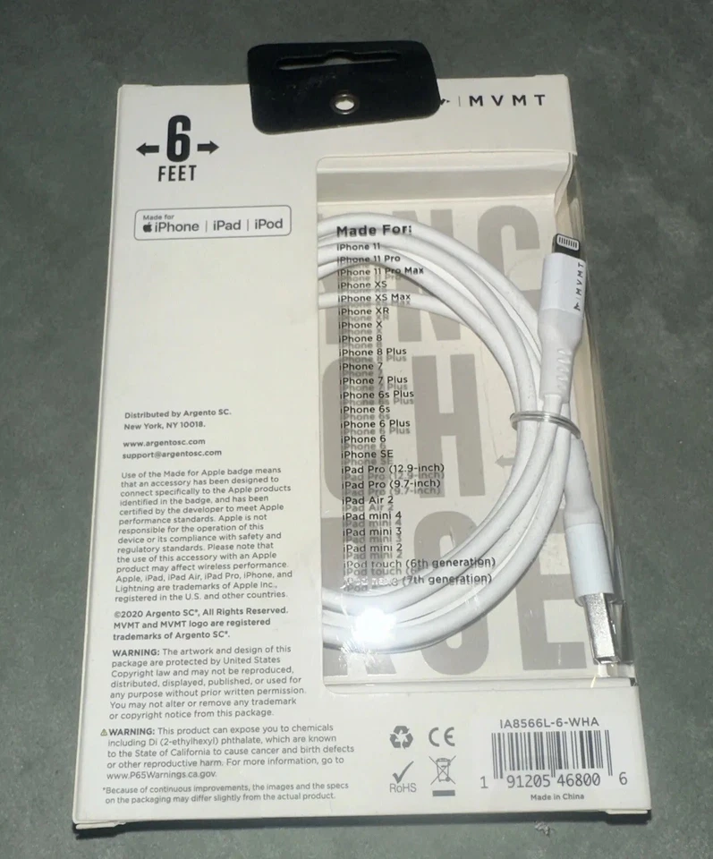 Cable de sincronización y carga MVMT blanco. Nuevo en embalaje. Cable USB a iluminación 6 pies Foto 4 de 4