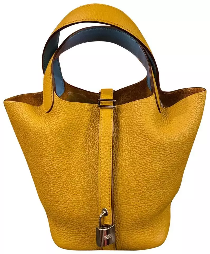 Hermes PICOTIN LOCK 18CM BI-COLOR 9D Jaune Ambre/7N Celeste LEATHER  PALLADIUM HA