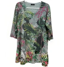 INOAH Knit Tropical Artsy Abstract Colorful Tunic Top Women L USA Mix Media Hem