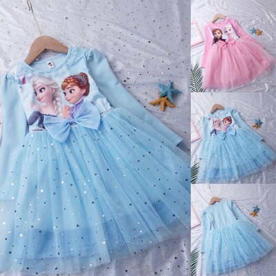 Mädchen Elsa Anna Prinzessin Kleid Bogen Mesh Langarm Party Fancy Tutu Kleid