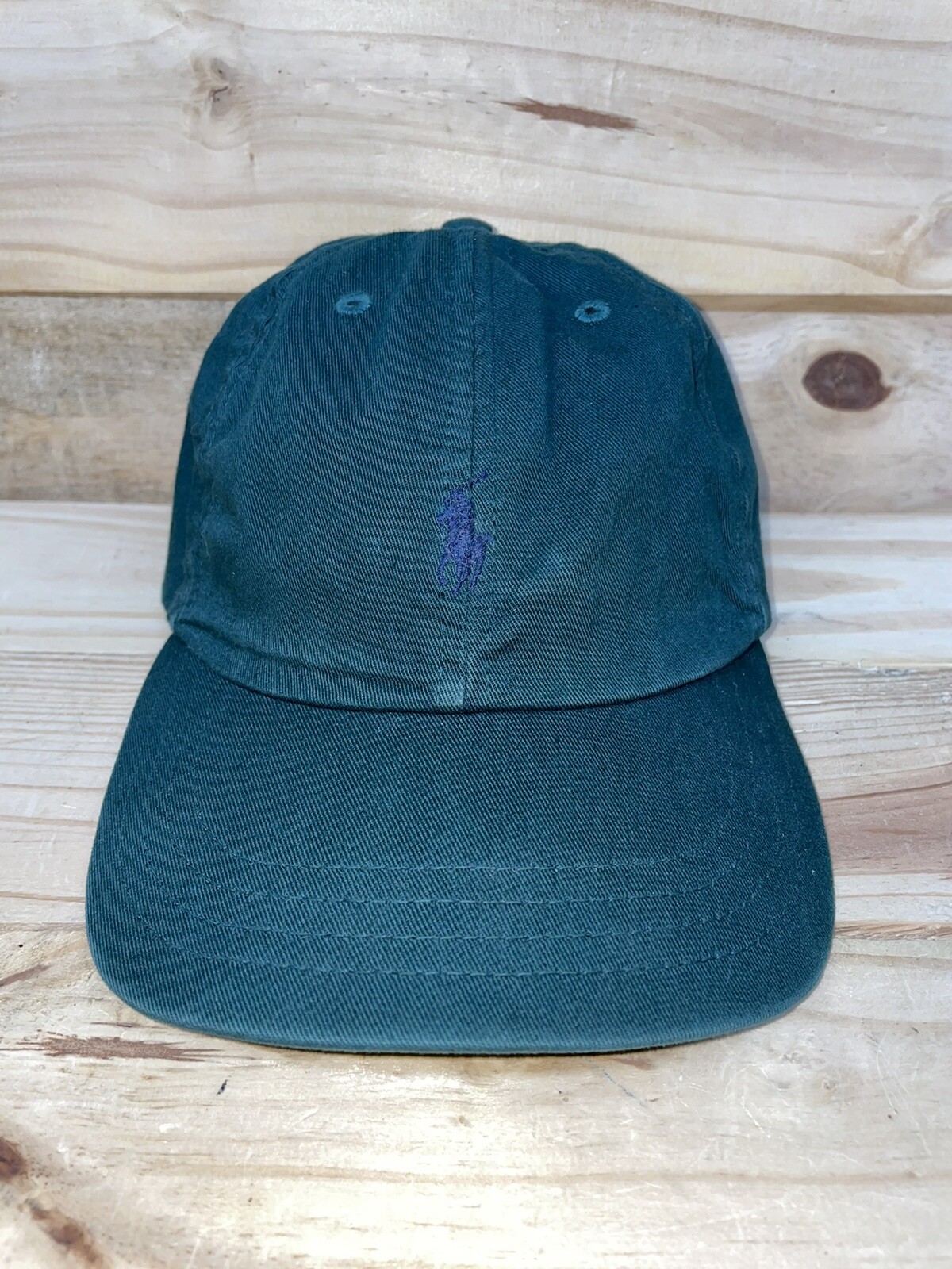 PONY Cappello Polo Ralph Lauren vintage Made in USA verde con frangia blu cinturino regolabile