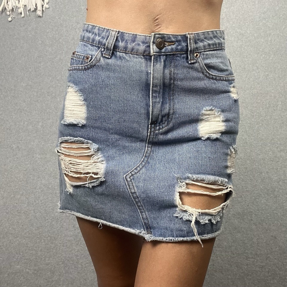 Used Denim Skirt Womens 8 High Waist Mini Short Torn Distressed Ripped Festival