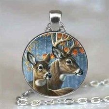 Buck and Doe Deer Glass Cabochon Necklace or Keychain