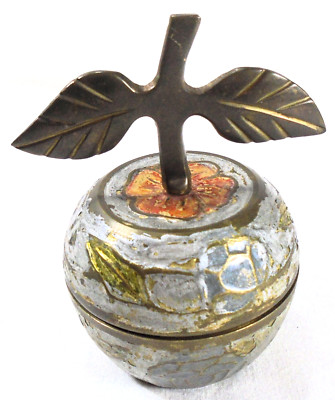 Vintage Brass Enamel Apple Trinket Box, India, 3.75'' tall