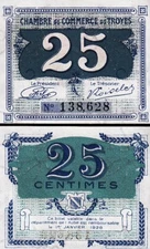 France TROYES 25 Centimes 1926, UNC, with Completely watermark
