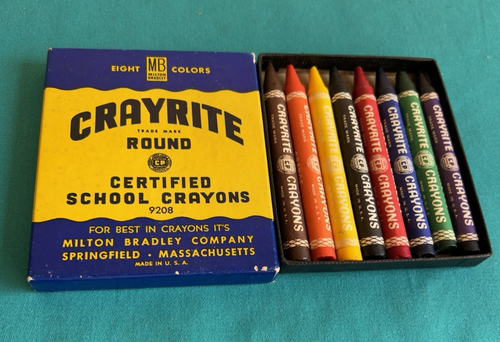 Vtg 1950s Milton Bradley CRAYRITE Certified School 8 Crayons Box