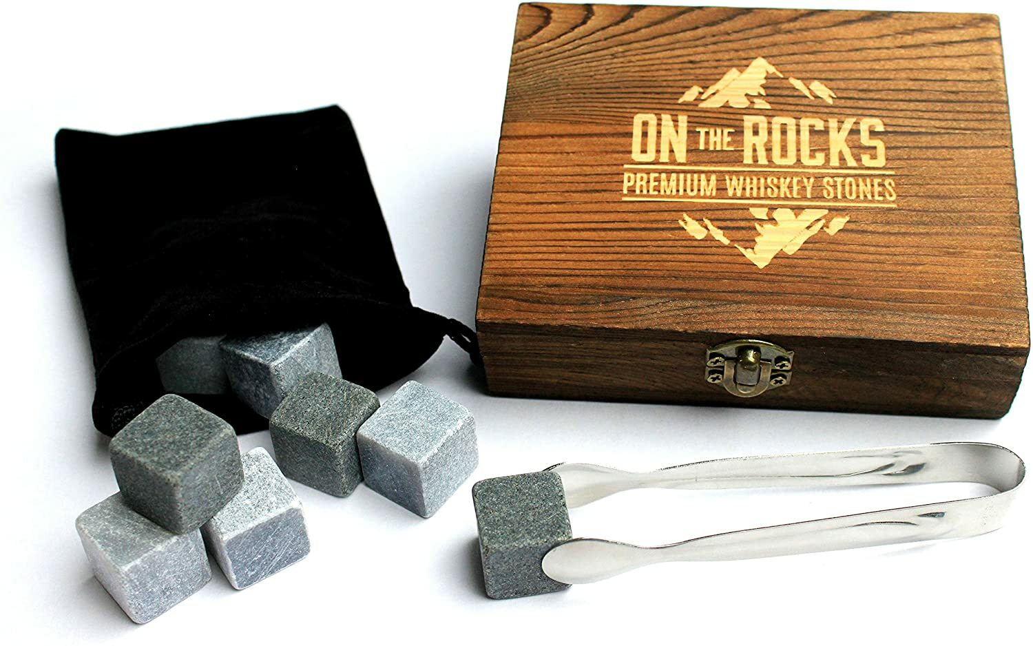Pierres à whisky en coffret bois de pin poli avec pince haut de gamme et sac