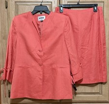 Kasper Linen Blend 2pc Blazer Skirt Suit Set Women s 10P Petite Salmon Lined Tie