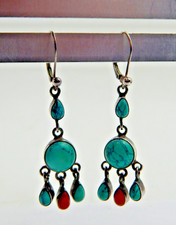 Southwestern SterlIng Silver Dangle Earrings with Turquoise  Coral Stones