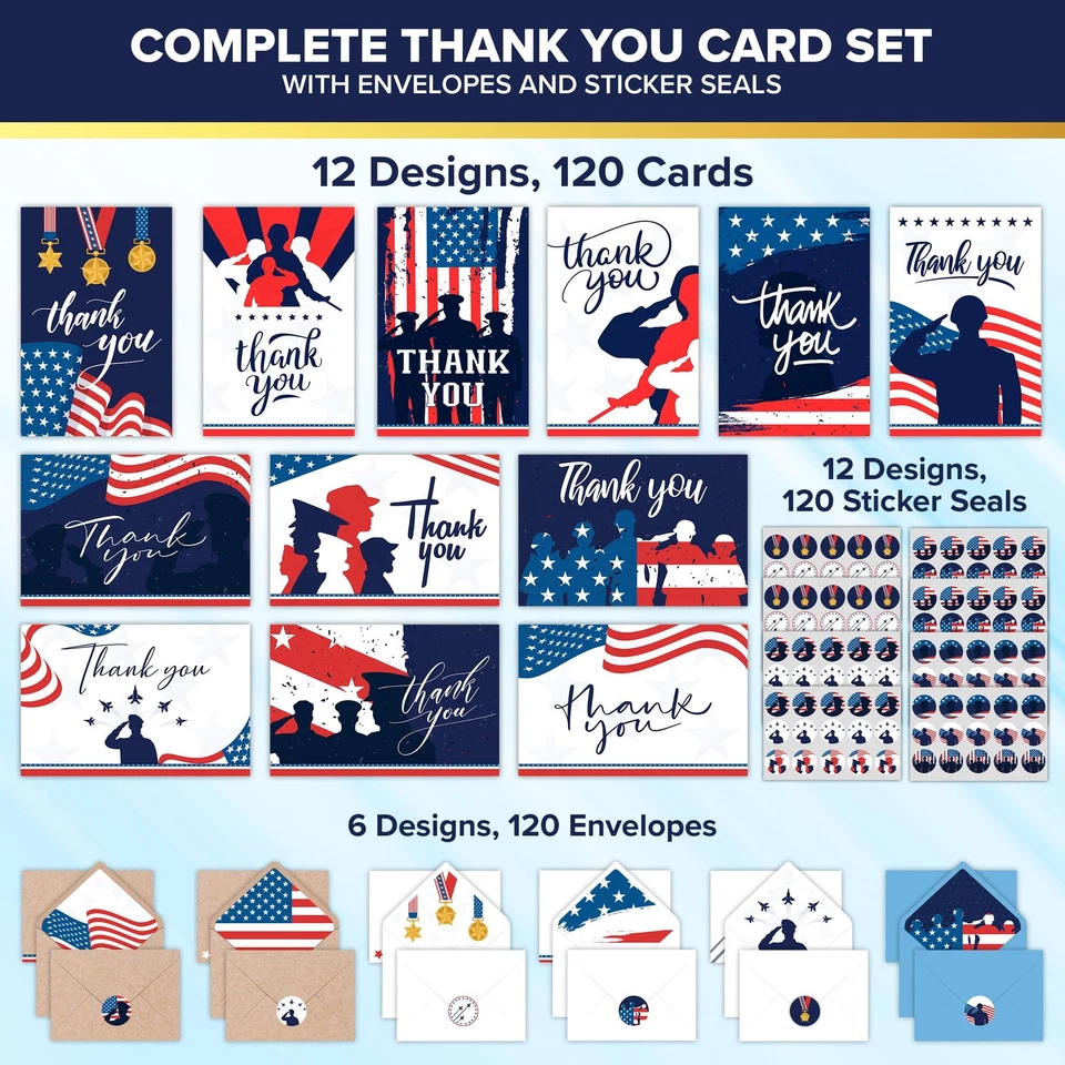 120 Pack 6x4in Thank You for Your Service Cards for Veterans & Military with ... - Image 2 of 4