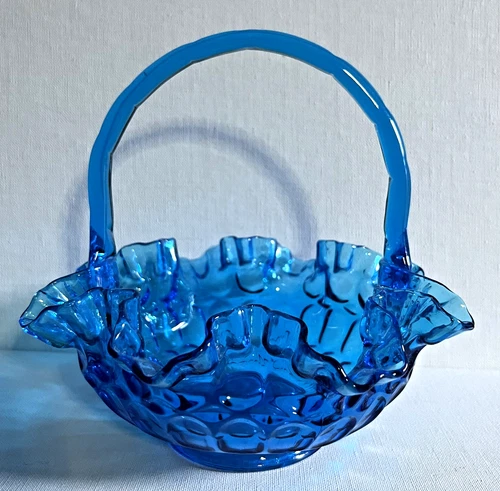 Vintage Fenton Glass Easter Basket Ruffled Rim Blue Thumb Print Handle EUC