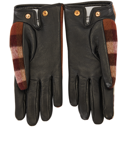 Burberry Check Gloves Black Brown Leather Wool Women - Afbeelding 2 van 4