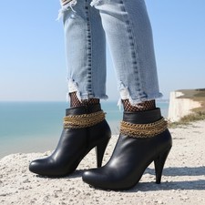 Western Women Antique Gold Metal Chain Boot Bracelet Anklet Charm Strands PAIR