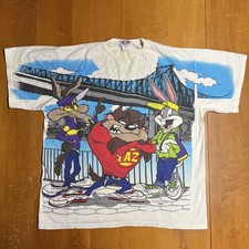 Vintage 90s Looney Tunes Freeze AOP T Shirt Brooklyn Hip Hop Taz Bugs Coyote XL
