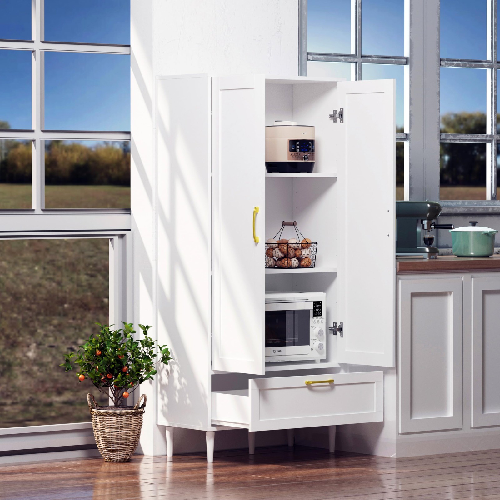 60-Inch Tall Wooden Storage Cabinet with Adjustable Shelves and Large Capacity