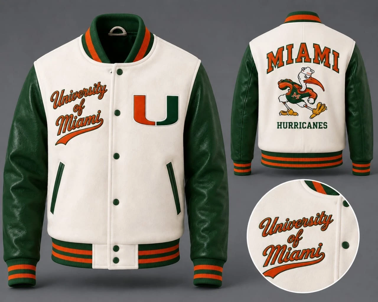 Personalized University of Miami Varsity Jacket – Green Leather Sleeves