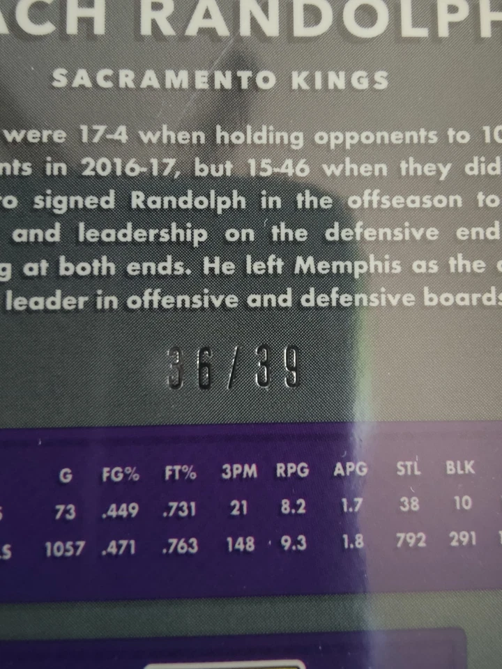 2017-18 DONRUSS OPTIC ZACH RANDOLPH #130 BLACK VELOCITY 36/39 SACRAMENTO KINGS - Image 3 of 3