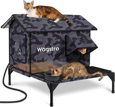 Large Heated Cat House for outside with Dampless Deck, Highly Elevated, Exit-Onl