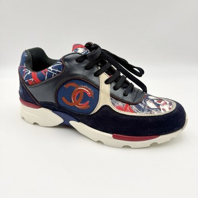 CHANEL Graffiti Blue Suede Leather CC Logo Runway Sneakers New w Box Size 37.5