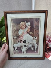 Vintage Framed The White Kitten Print Victorian A Elsley Dog & Child - 15x12" 
