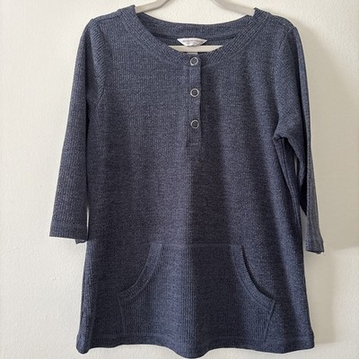 Christopher & Banks Petite PL Blue Ribbed 1/4 Snap Up Tunic Top Kangaroo Pocket