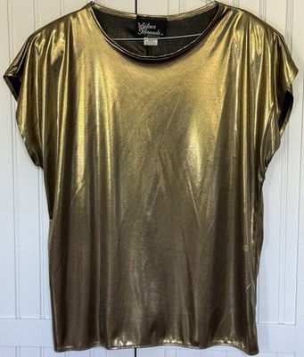 Silver Threads Size L Liquid  Gold Metallic Vintage Stretch Knit Shirt Top