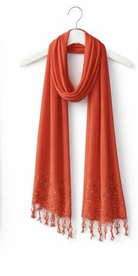 Orange Solid Pattern Decorative Beaded Fringe Rectangle Scarf for Women