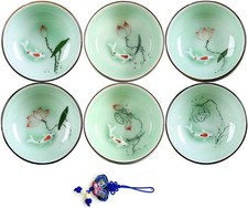 Hand Painted Kungfu Teacup,Chinese Long-quan Celadon Teacup,Fishes and Lotus