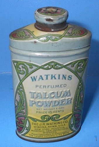 VINTAGE WATKINS PERFUMED  TALCU POWDER CAN 4 oz SOME WEAR OLD MAINE BARN FIND