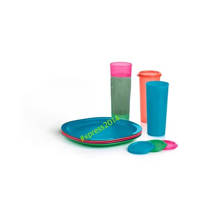 Tupperware Everyday Microwave Reheatable Luncheon 4 Plates And 4 Tumblers NEW