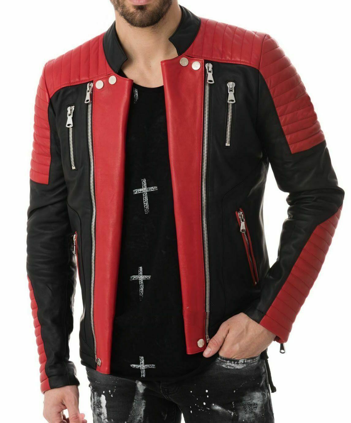 Leather Jacket Mens Biker Coat Motorcycle Vintage Men Bomber Lambskin Black 54-image