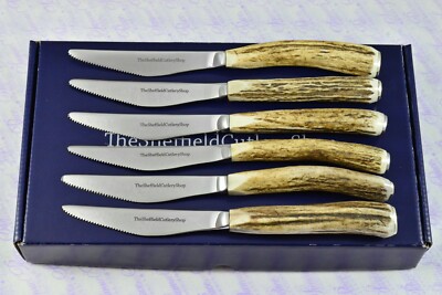 6 neue Wellenschliff echte Hirsch/Geweih Steak/Bistro/Grill Messer Sheffield verpackt