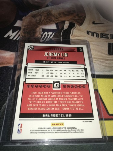Donruss Optic Silver Scope Jeremy Lin Base SP /249 Hawks Nets GSW - Picture 2 of 2