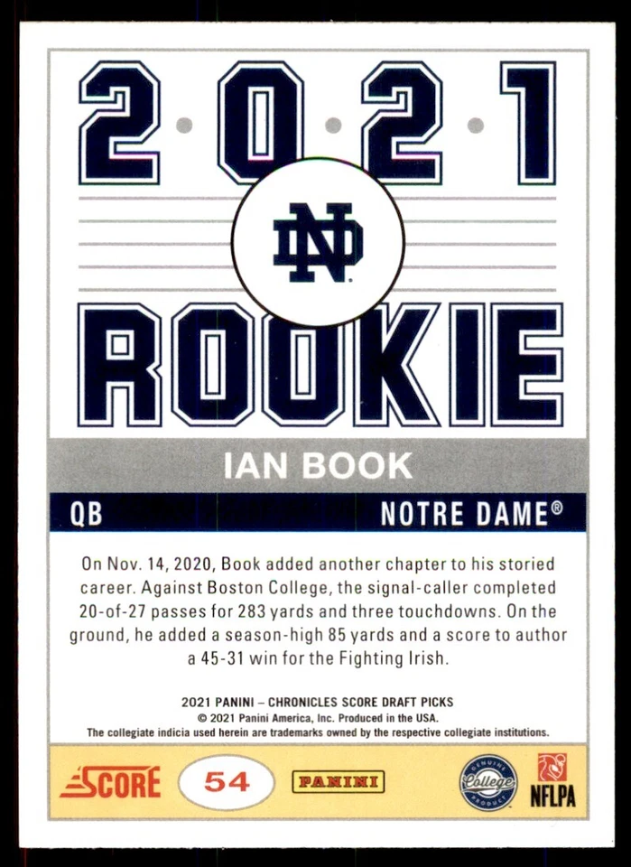 Ian Book 2021 Panini Chronicles Draft Picks Score Retro Rookie Card RC #54 Notre - Image 2 of 2