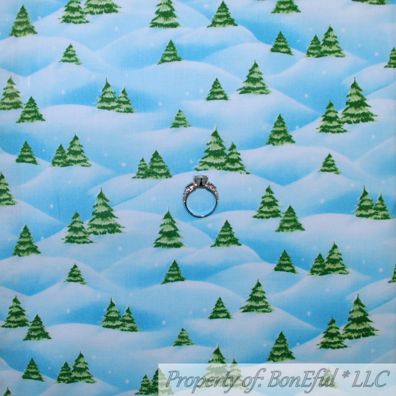 BonEful FABRIC FQ Cotton Quilt Light Blue Cloud Sky White Scenic Green Xmas Tree-image