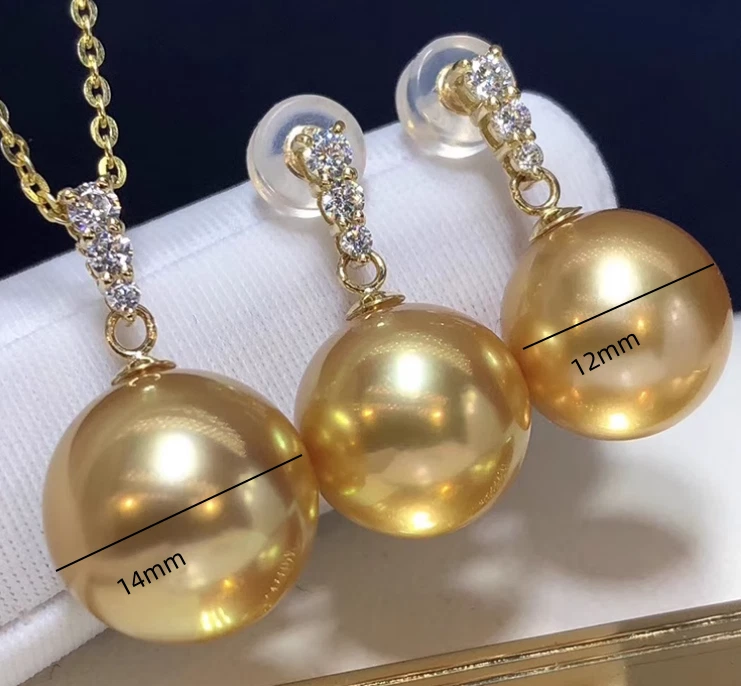 18 «Модный AAA + 14 мм южного моря золотой круглый корпус жемчуг подвеска серьги наборы 14K - Изображение 3 из 4