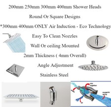 Ultra Slim Air Induction Shower Head 4mm Stainless Steel Bathroom Round Square 