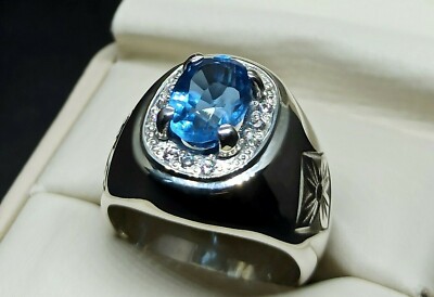 Schlichter Herrenring 5 Karat Ovalschliff frischer Blautopas Sterlingsilber 925 Handarbeit