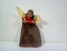 African American Christmas Angel Stocking Mesh Pouch Small Red Green Felt
